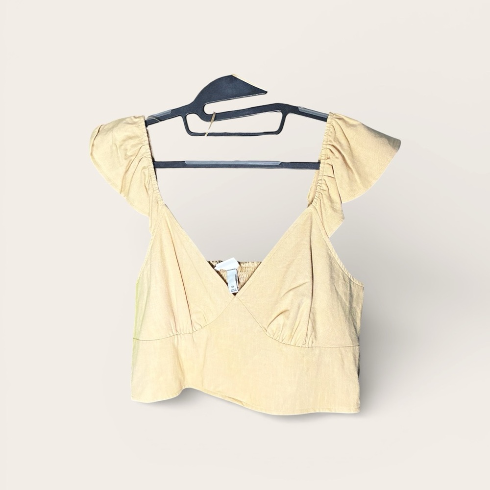 A New Day Tan Crop Top with Ruffle Sleeves